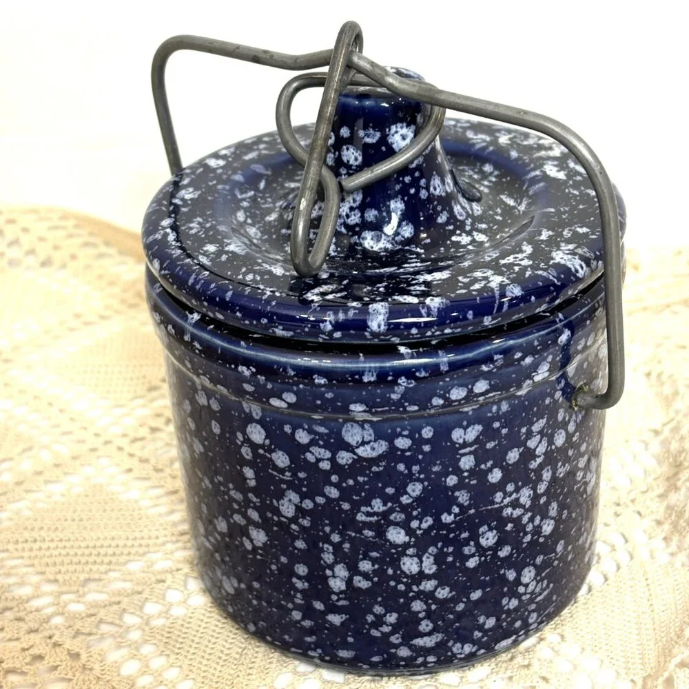 * Stoneware Cheese Butter Crock Jar wire Bail Lid Speckled Cobalt Blue Vintage